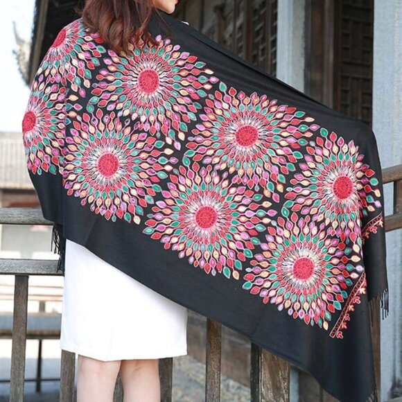 Women's Embroidered Oversize Tassel Shawl Wrap Scarf for Formal Evening Wear - Picture 6 of 7